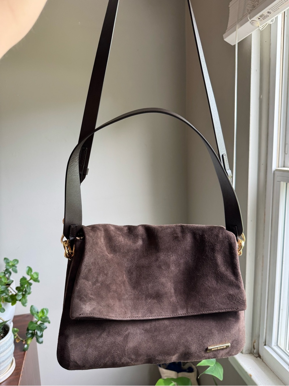 Dear Frances Celo Medium Crossbody Shoulder Bag in Espresso Suede